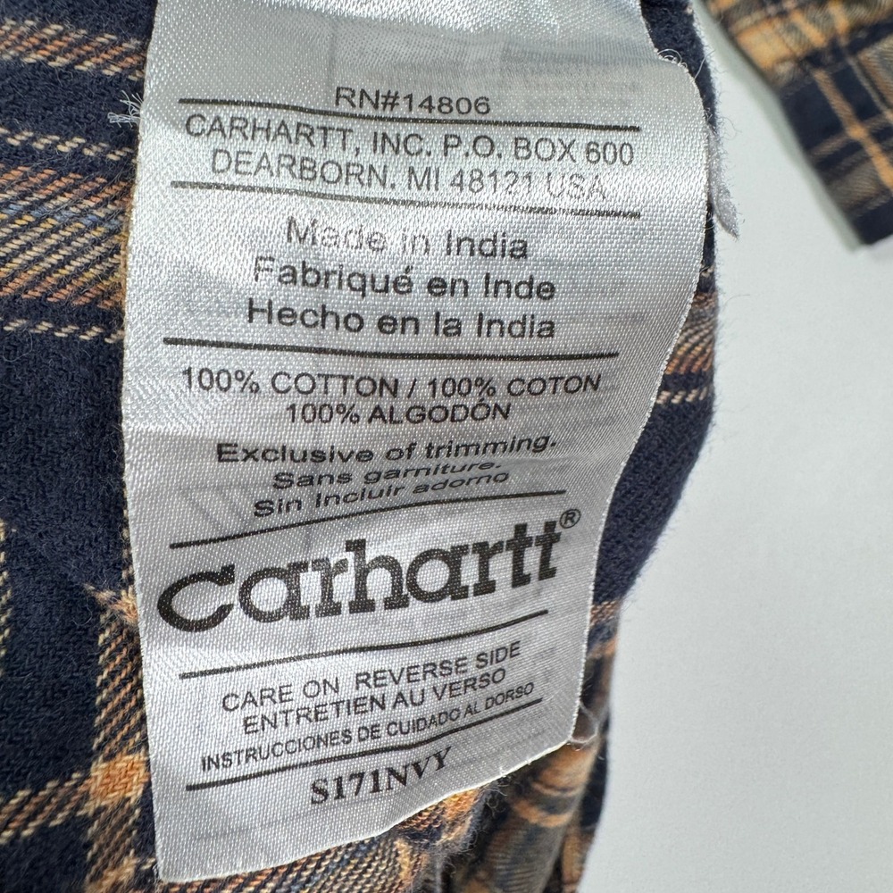 Carhartt Flannel Shirt Mens L Navy Blue Tan Plaid Cotton Workwear Long Sleeve - Picture 8 of 10